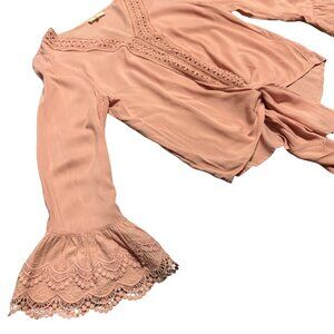 Entro Pink Tie-Front Blouse with Lace Trim – Bell Sleeves, Size M
